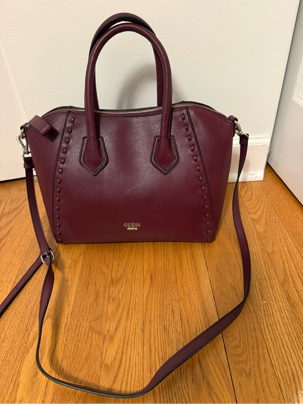 GUESS Burgundy Structured Satchel with Detachable Strap